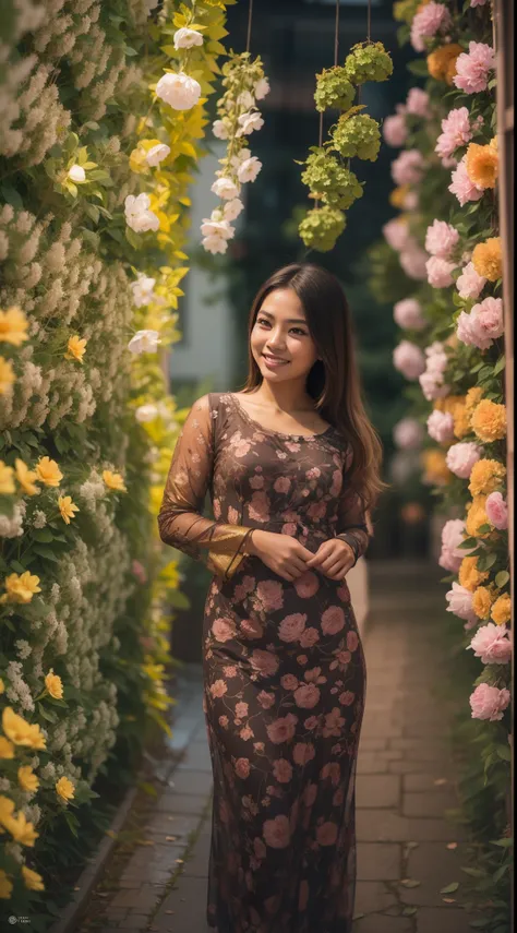 Malay girl wear small floral baju kurung malaysia in college, long golden brown hair, wavy hair, back view, detail skin, detail skin texture, mole below eyes, small breast, big hip, big waist, big round ass, big thigh, slim abs, beautiful body, nighttime, ...