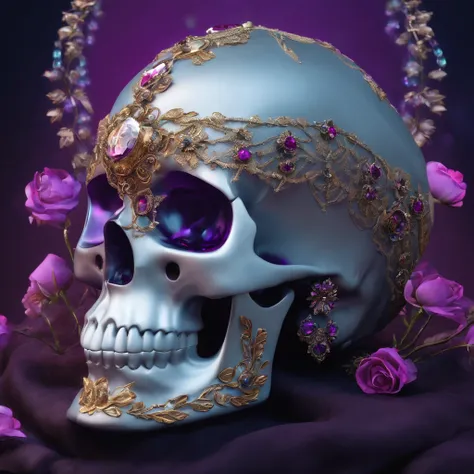 a futuristic skull with glowing eyes and a purple background,Intricate skull head made up of crystal and jewels,Intricate Flowers and leaves Lace ribbon,branch,A crystal skull with crystal clarity,bloomcore skull with flowers,afrofuturism head,Art nouveau ...