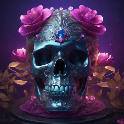 a futuristic skull with glowing eyes and a purple background,Intricate skull head made up of crystal and jewels,Intricate Flowers and leaves Lace ribbon,branch,A crystal skull with crystal clarity,bloomcore skull with flowers,afrofuturism head,Art nouveau ...