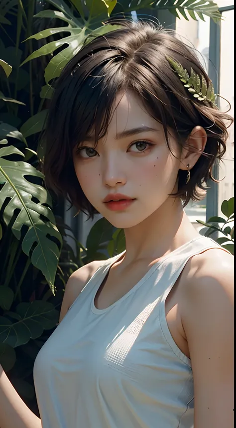 photorealistic portrait, high-res, Soft light,1woman, bara, Hip up, look at viewer, (The young heroine confronts the fern leaf with details.......), Short Hair Hair, jewelry, sport shorts,white tank tops,In the middle of a football field.