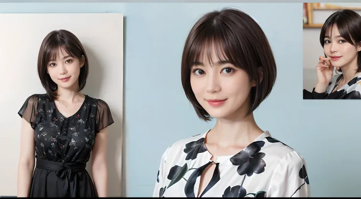 59
(a 20 yo woman,is standing), (A hyper-realistic), (masutepiece), ((A dark-haired、short-hair:1.3)), (Breast), kindly smile, (Clothing printed with animal characters)