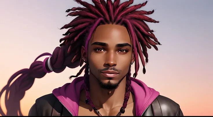 brown-skinned male, magenta-colored-eyed, dark magenta-haired with dreadlocks in a ponytail,