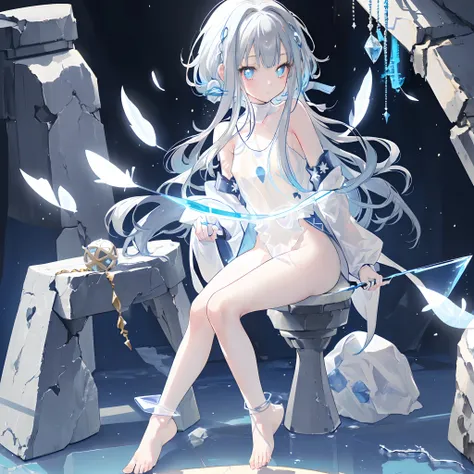 ((A close up)) of anime teen girl, ((((sitting in a stone stool in the sky))))), (mostly naked), ((barefoot)), (cinematic light), skin is perfectly white, soft, and smooth, ((no nsfw)), Extremely delicate and beautiful CG illustration, small thigh, slim bo...