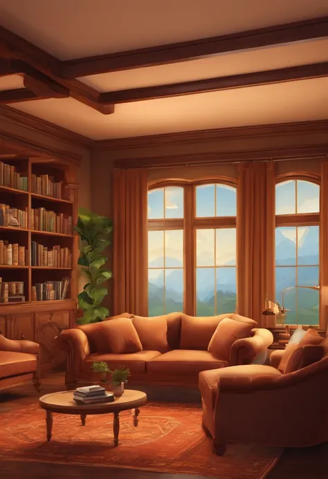 Cartoon living room with sofa, coffee table, Bookshelves and windows, Fundo sala de estar, cozy living room background, personal room background, library interior background, interior background art, cozy home background, style of madhouse studio anime, li...