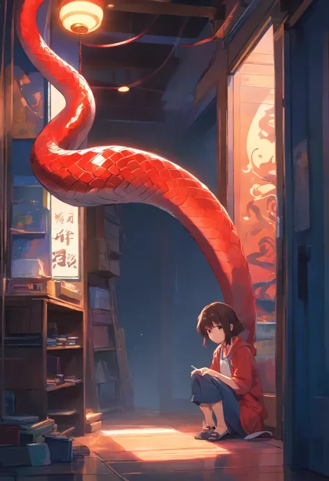 A small red snake，In the old house，Squinted eyes，Spit snake letters，Eerie light，Dark night，high high quality，fog atmosphere，(Chinese folk suspense supernatural comic book style),High detail, Sharp focus, Dramatic，Midway and the art of painting by Greg Rutk...