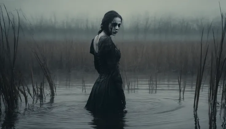 pale demon woman crawling out the water in a foggy marsh, horror movie, cinematic look, creepy aesthetic, ultra detailed, photorealistic, masterpiece.