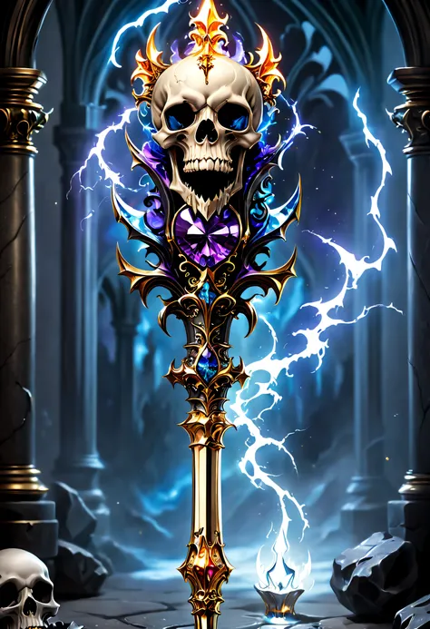 (8K, 16k, Award-winning, Highest quality, Highest resolution, Super detail, High detail, Anatomically correct, Masterpiece, Stunning beauty), Legendary scepter,The scepter has a skull at the top，Scepter made of crystal and white gold，delicate craftsmanship...