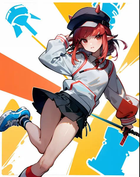 cropped shoulders，knee length socks，pleatedskirt，athletic sneakers，hoody，Stand up，With a hat on