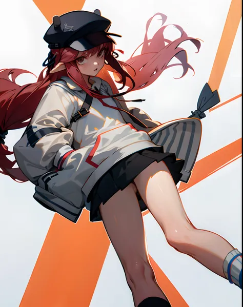 cropped shoulders，knee length socks，pleatedskirt，athletic sneakers，hoody，Stand up，With a hat on