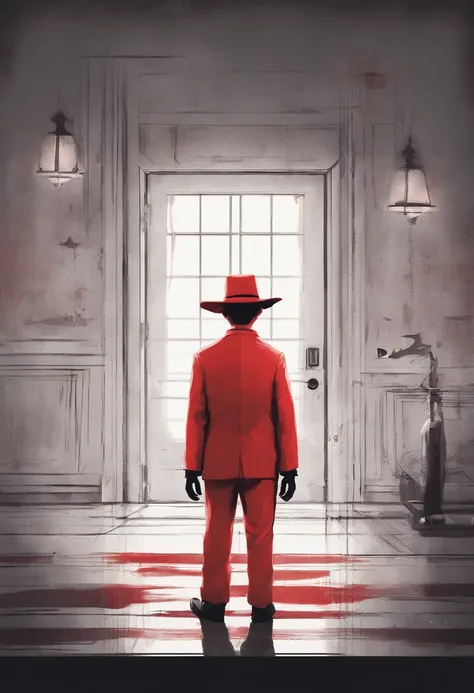 pixar style: a player wearing a red hat and a red hotel suit and black pants with white skin, painterly style,disney pixar movie poster with the words below, DOORS the movie