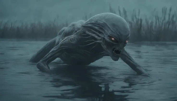 pale demon woman crawling out the water in a foggy marsh, horror movie, cinematic look, creepy aesthetic, ultra detailed, photorealistic, masterpiece.