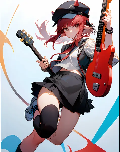 cropped shoulders，knee length socks，pleatedskirt，athletic sneakers，hoody，stand up，with a hat on，electric guitar