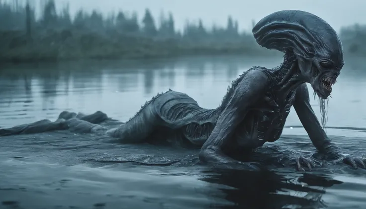 pale demon woman crawling out the water in a foggy marsh, horror movie, cinematic look, creepy aesthetic, ultra detailed, photorealistic, masterpiece.