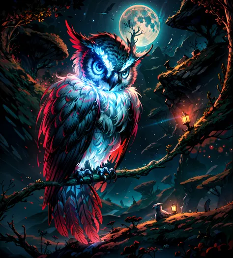 close shot  of a mythical owl with colorful feathers, galaxy eyes, shiny feathers, detailed feathers, detailed big eyes, the owl is landing on an alien tree branch , moon in the sky,looking at viewers with the eyes of judgement, focus, alien landscape back...