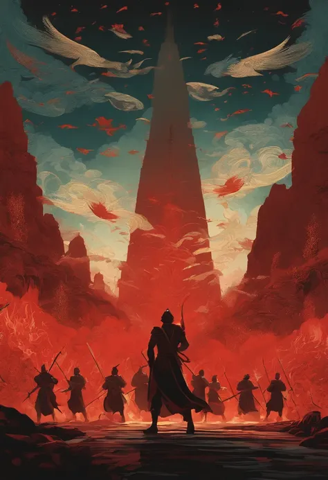 Light of Faith poster,  Deviant-art, Sots Art, Official artwork, Light of Hell, official poster artwork, ( ( victo ngai ) ), ,anime still film anime shikishi，Nezha painting style ，Compile art，A squad of troops marched forward，Surrounded by red flames，red c...