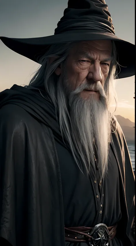 (masterpiece), ultra detailed close up of gandalf on a adventure, serious expression, perfect face, at the sunset, black uniform...