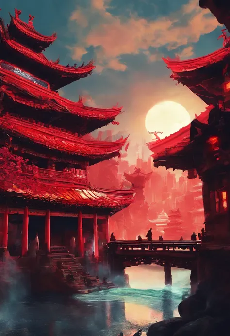 (Avatar ：The Way of Water,Hallelujah Hill，Hallelujah Hill:1.2),A giant ancient city suspended in the air:1.5),Chinese cityscape with full moon, Movie dystopia, Beautiful rendering of the Tang Dynasty, red sun over paradise, Epic red , Glowing castle in the...