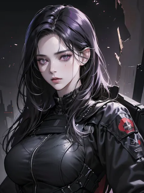 (best quality, (masterpiece), (high resolution, 8k, realistic, digital illustration detailed digital art, 1:5 HDR, dark lighting), dark, chaotic environment, perfect face, manhwa art, a woman, 25 years old, hair black, dark purple eyes, pale skin, covered ...