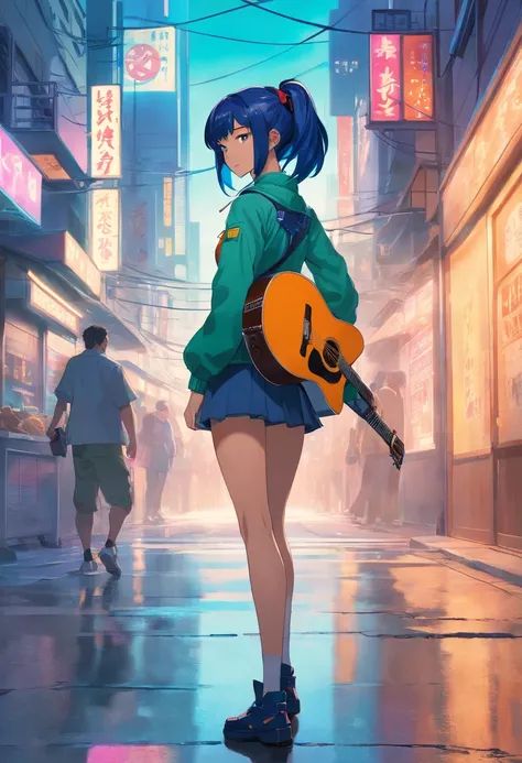 A girl with a guitar on her back stands in the street， Cyberpunk art by Jim Burns, CGSesociety, retro-futurism, DAZ3D, ps1 graphics, dystopian art，Dark blue hair，Dark green eyes，High ponytail，Bow knot，Penguin hair ornaments