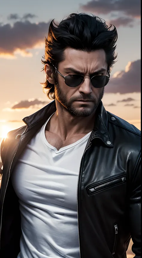 (masterpiece), raw photo of wolverine, at the sunsetcool badass, hero, , marvel, short hair, realistic, detailed, (white shirt), epic, cinematic, 4k, logan, (photorealistic:1.3), ultradetailed, (black jacket), sunglasses, sunset, perfect face, serious,the ...