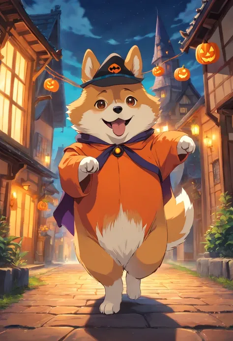 (best quality,4k,highres,masterpiece:1.2),ultra-detailed,realistic,portrait,Corgi,dressed up in Halloween costume,spooky atmosphere,creepy background,bright colors,intricate details,ora.