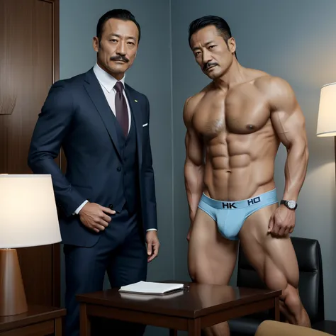 aged 40，Hidetoshi Nakata ，（Kogoro Mouri 1.3），Two muscular men together，Naked upper body，Thick body hair，Crotch contour，Wear light blue sexy briefs，with mustache，tmasterpiece，k hd，black long socks，the feet，Business suit