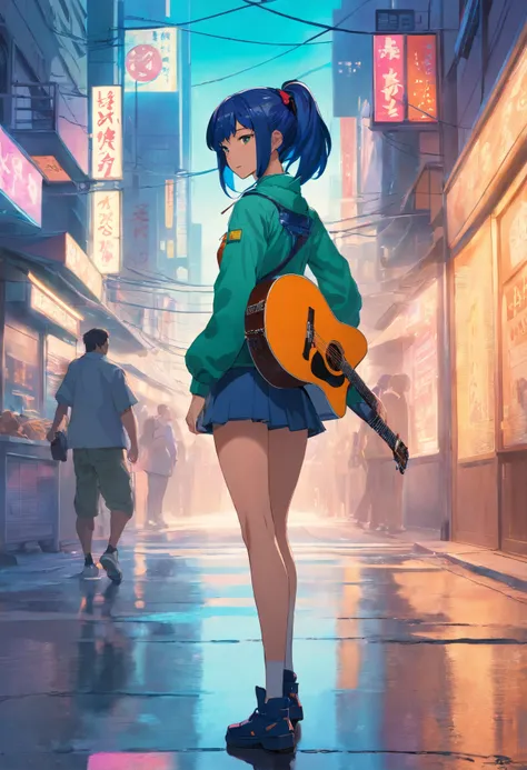 A girl with a guitar on her back stands in the street， Cyberpunk art by Jim Burns, CGSesociety, retro-futurism, DAZ3D, ps1 graphics, dystopian art，Dark blue hair，Dark green eyes，High ponytail，Bow knot，Penguin hair ornaments