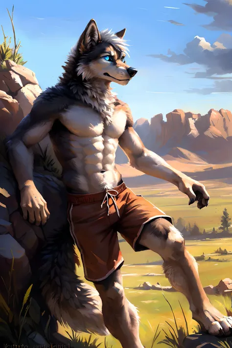 ((Solo)), male people, anthro wolf, (Multi-colored fur, White-brown:1.3，White tail pointed), ((Wolf face, White hair, Big eyes, White eyelids, Blue pupil, Slim:1.2) (Tough, Calm expression:1.2)), Abs, Slim, pinging)), (Correct anatomy), (Work shorts:1.1), ...