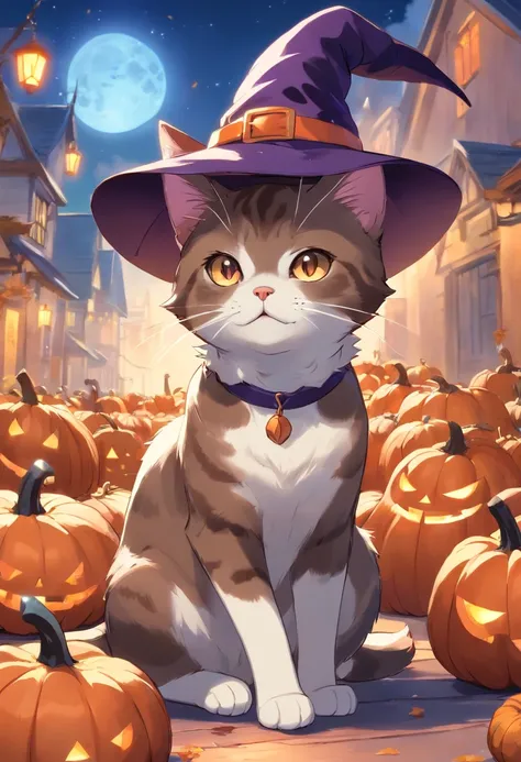 An English shorthair cat wearing a witchs hat, It has a short tail, and blue and brown eyes, pumpkins, Halloween, the bats