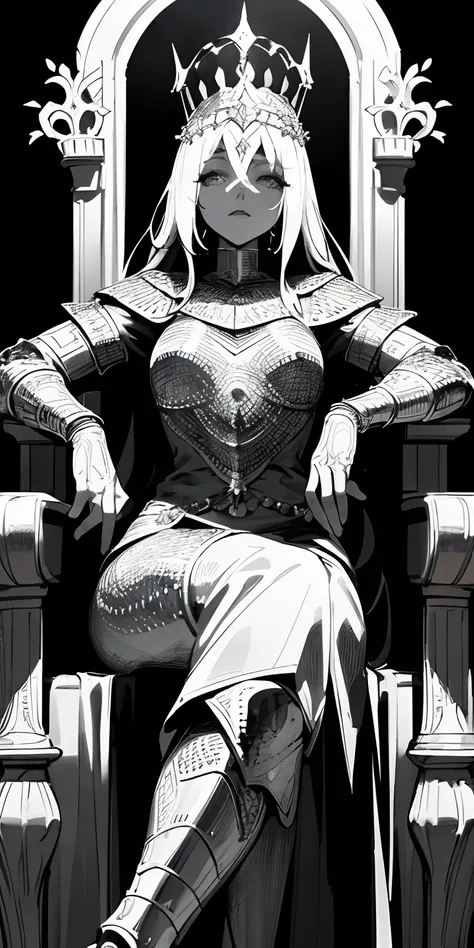 dark fantasy woman in chainmail sitting on a throne wearing a crown black and white lineart only comic style