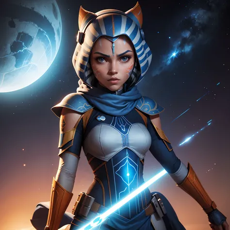 ahsoka tano, Star Wars, - Blue Galaxy Background, estilo cartoon , altos detalhes, segurando um sabre de luz branco, 4k