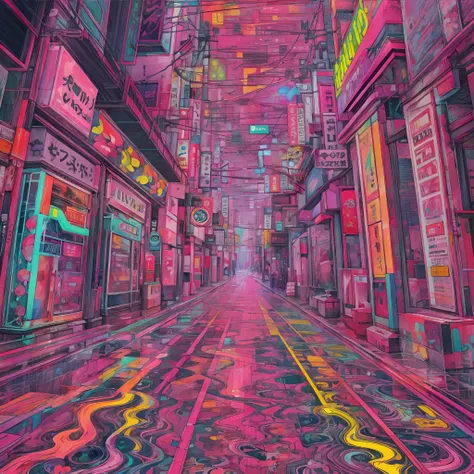 psychedelic walk through Tokyo, melting, geometric patterns, neon colors, ultra high resolution, ultra high detail.