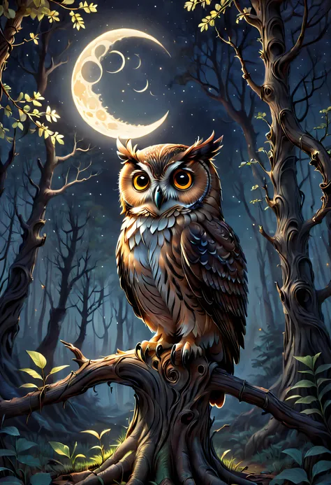 Hyperdetailed regenerative [glitch] still, (koan), matte, understated, (meditative: 1.2), (harmonic) impressionism, cerebral, (interconnected), labyrinth, (introspective), psyche, balanced and reciprocal, Kids Book, concept: ("The Night and the Owl" depict...