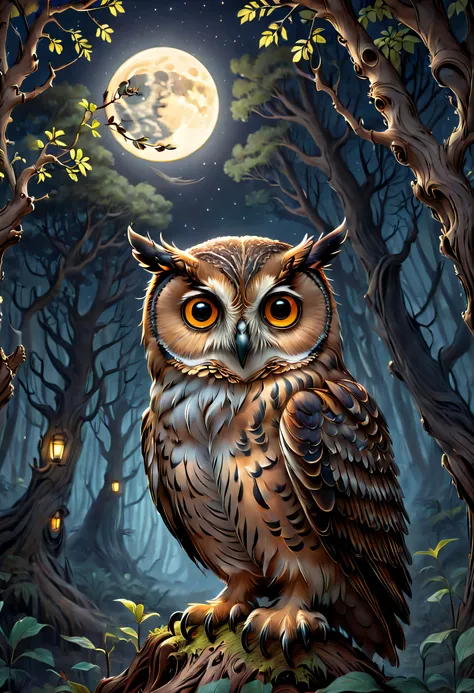 Hyperdetailed regenerative [glitch] still, (koan), matte, understated, (meditative: 1.2), (harmonic) impressionism, cerebral, (interconnected), labyrinth, (introspective), psyche, balanced and reciprocal, Kids Book, concept: ("The Night and the Owl" depict...