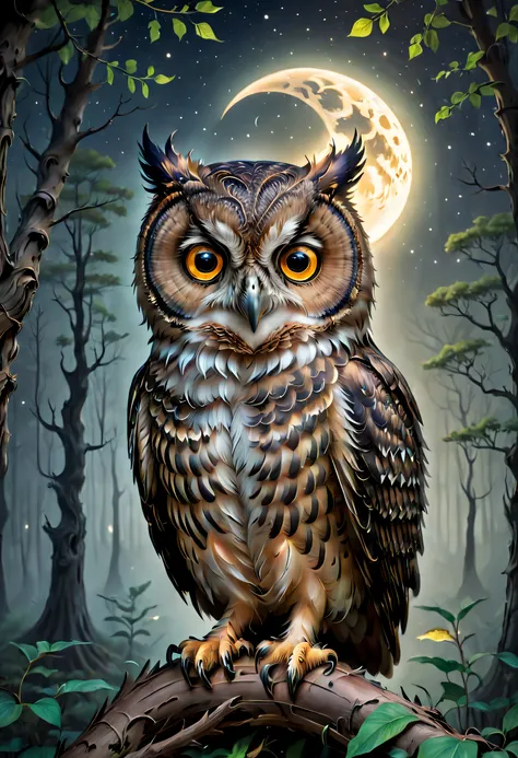 Hyperdetailed regenerative [glitch] still, (koan), matte, understated, (meditative: 1.2), (harmonic) impressionism, cerebral, (interconnected), labyrinth, (introspective), psyche, balanced and reciprocal, concept: ("The Night and the Owl" depicts an enchan...