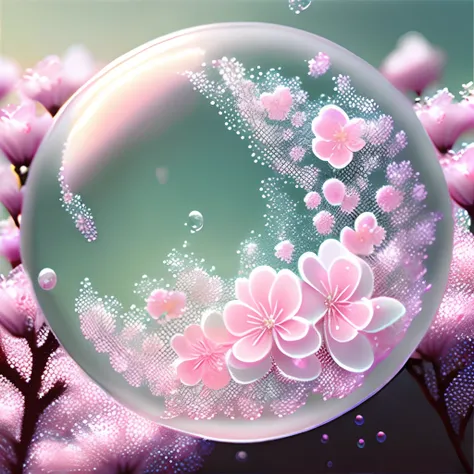 Light soapy bubbles, soft pastel cherry blossom flowers, pastel color, gentle, dreamy, aesthetic