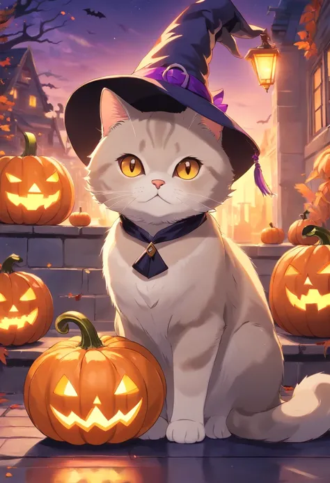 A British Shorthair cat wearing a witch hat, with a short tail, pumpkin, Halloween, bat, (best quality, 4k, 8k, highres, masterpiece:1.2), ultra-detailed, (realistic, photorealistic, photo-realistic:1.37), magical glow, vibrant colors, glowing eyes, spooky...