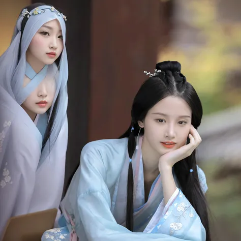 Alafid woman sitting on bench in blue kimono, Palace ， A girl in Hanfu, Wearing ancient Chinese clothes, with acient chinese clothes, Hanfu, flowing hair and long robes, Traditional beauty, Xianxia, White Hanfu, ancient chinese beauti, heise-lian yan fang,...