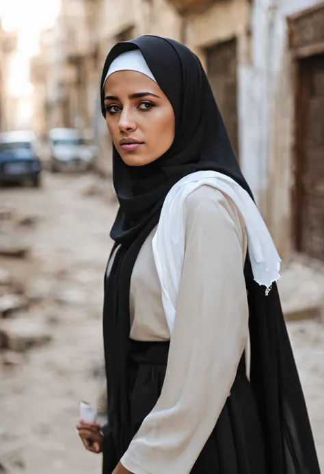 Young Muslim woman crying, sadness, in war, destroyed city, destroyed houses, wearing a hijab running in the streets of a Middle Eastern city, , Photograph::4 well lit, sharp focus, high quality photography, artistic, unique and award-winning, Canon EOS 5D...