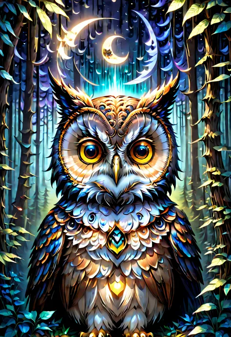 Hyperdetailed regenerative [glitch] still, (koan), matte, understated, (meditative: 1.2), (harmonic) impressionism, cerebral, (interconnected), labyrinth, (introspective), psyche, balanced and reciprocal, concept: (In a mystical forest, a wise owl watches ...