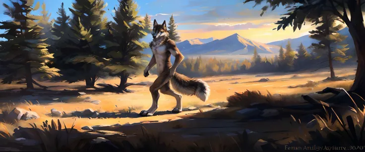 ((Solo)), Male, coyote, (Multi-colored fur, White-brown:1.3，White tail pointed), ((Wolf face, White hair, Big eyes, White eyelids, Blue pupil, Slim:1.2) (Tough, Calm expression:1.2)), Robust，Slim, pinging)), (Correct body anatomy), A long big tail，Feet，Lon...