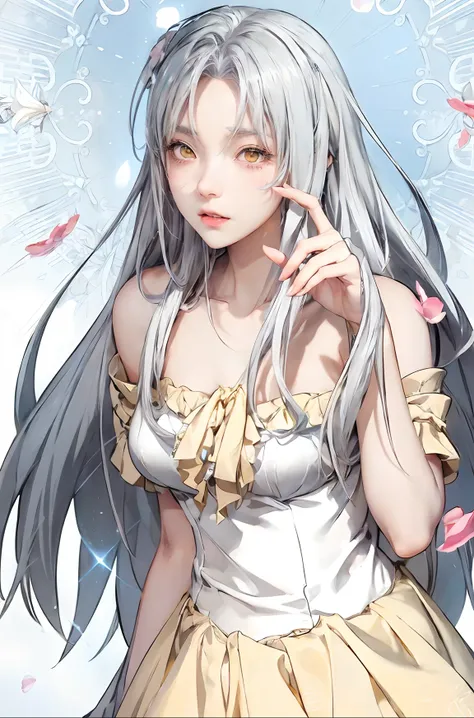 anime girl with gray hair and yellow and white color dress , detailed digital anime art, anime moe artstyle, highly detailed exq...