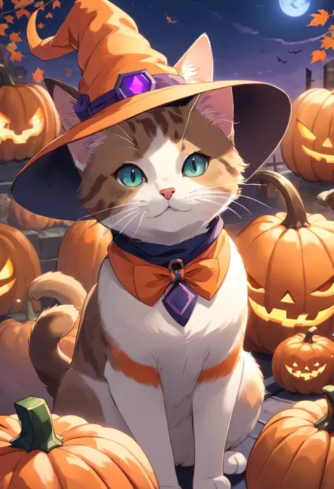 An English shorthair cat wearing a witchs hat, It has a short tail, pumpkins, Halloween, the bats