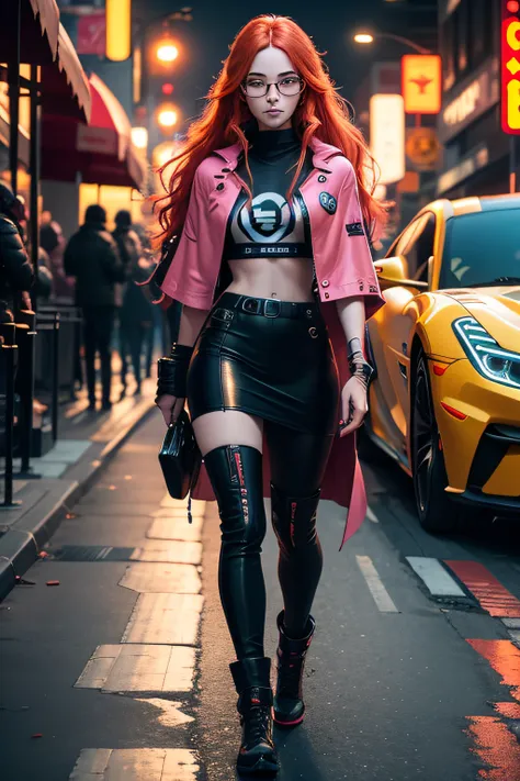 A beautiful woman with long red hair walking towards a DSLR camera at dusk in a cyberpunk city::3. She has eyes fixed on the camera and wears a pink cape and glasses from the Ford line::3. The street is empty except for the sports cars like Ferrari and McL...