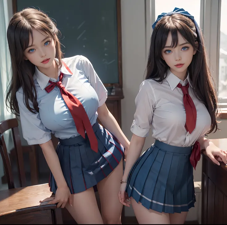 top-quality, ​masterpiece, (Professional lighting without shadows), A hyper-realistic, Bewitching, perfect anatomia, Two girls, (Proudly stand in front of the camera、Girl showing off ribbon tie, Another girl on the other side、Bend over and stick your butt ...