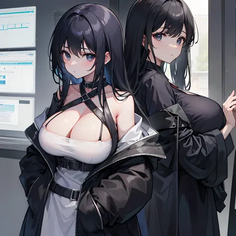 1girll，Huge breasts，Back shadow，A black robe，Alchemy Laboratory，the mystery of unknown territories，Put your hands in your pockets，Black hair，Shoulder-length hair，Black eyes，Game scene graph