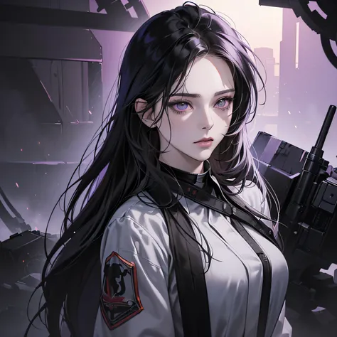 (best quality, (masterpiece), (8k, realistic, digital illustration detailed digital art, 1:5 HDR, dark lighting), dark, chaotic environment, perfect face, manhwa art, anime style, one woman, 25 years old, hair black, perfect lilac eyes (without expression)...