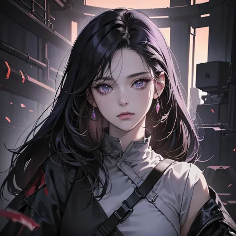 (best quality, (masterpiece), (8k, realistic, digital illustration detailed digital art, 1:5 HDR, dark lighting), dark, chaotic environment, perfect face, manhwa art, anime style, one woman, 25 years old, hair black, perfect lilac eyes (without expression)...