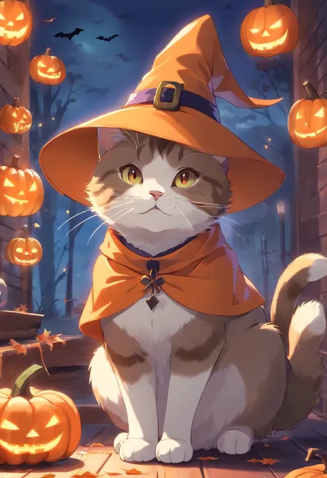 An English shorthair cat wearing a witchs hat, It has a short tail, pumpkins, Halloween, the bats