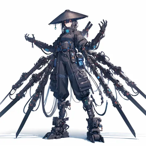 (Masterpiece, best quality), (perfect athlete body:1.2), (detailed hair), ultra-detailed, anime style, full body, Cyberpunk ninja girl, wearing cyber kimono and bamboo hat. many arms, standings on the wasteland, wearing hi-tech boots, 8k high resolution, t...